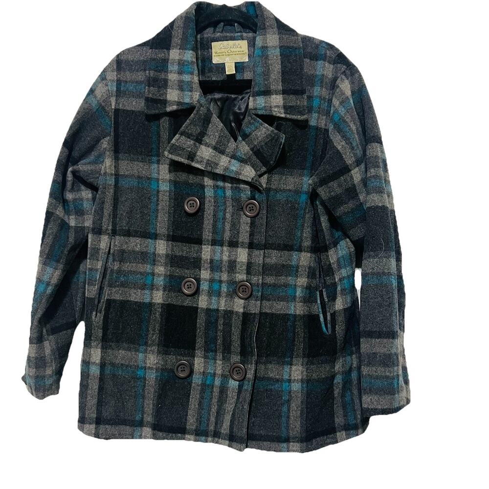 Cabelas Women’s Blue Gray BlackPlaid Pea Coat Jacket Size Large Cozy Winter Core